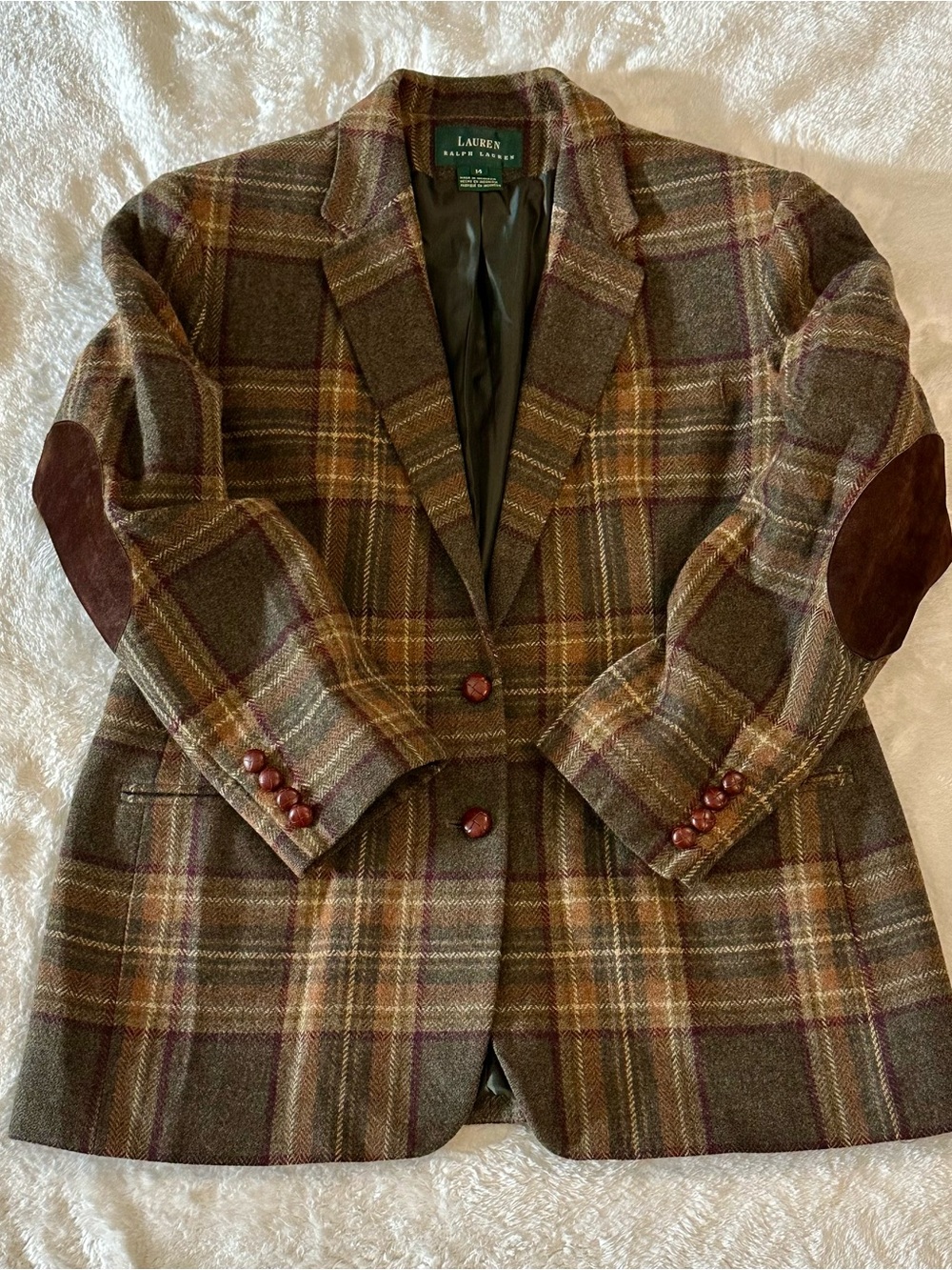Vintage Lauren Ralph Lauren Wool Plaid Tweed Blazer Suede Elbow Patches 14 Y2K